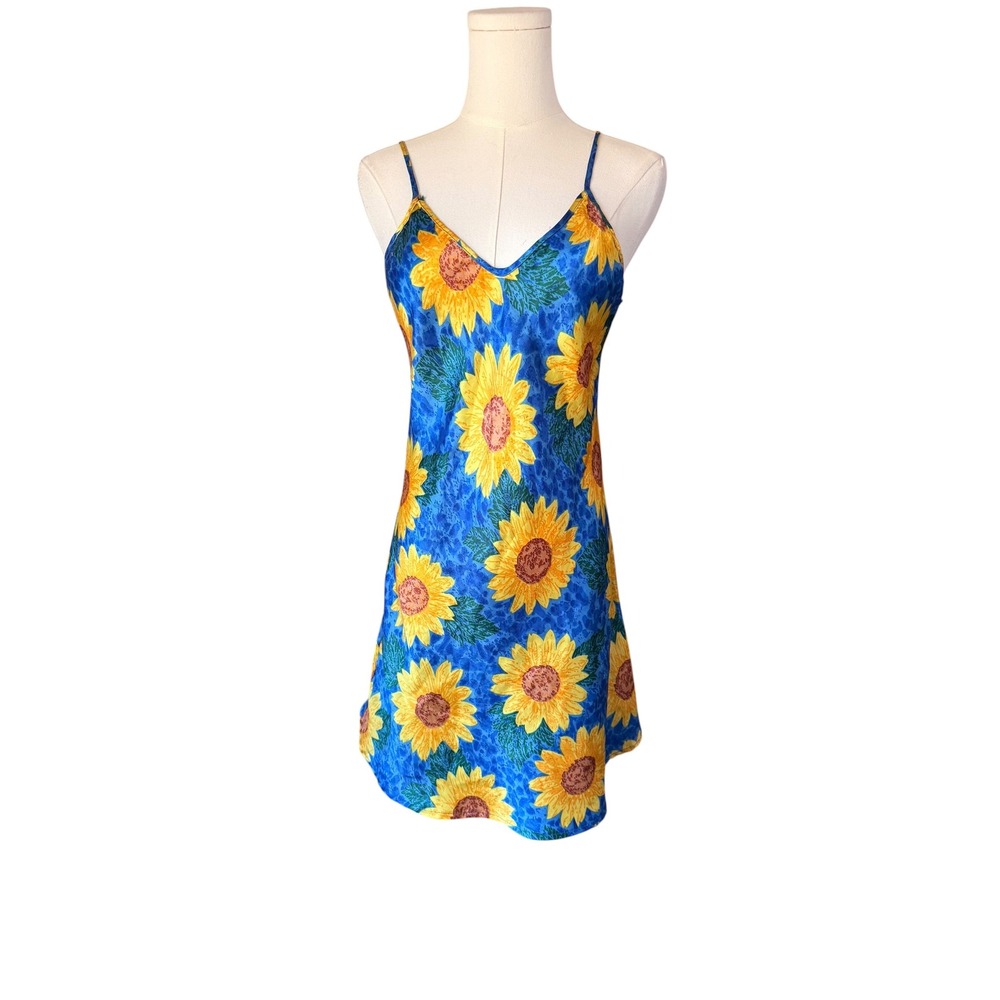 Loki Loto Sunflower Print Slip Dress Blue Yellow Floral Mini V-Neck Small
